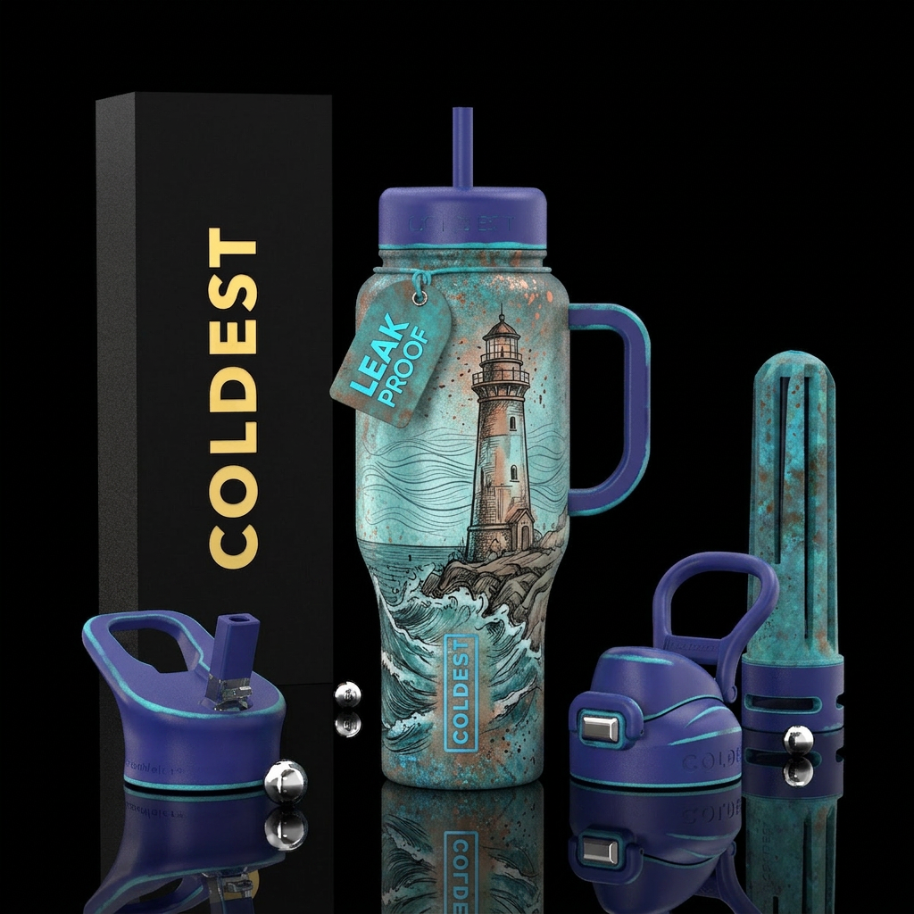 calm waters, rebellious, oxidized, lighthouse, ske... water bottle design