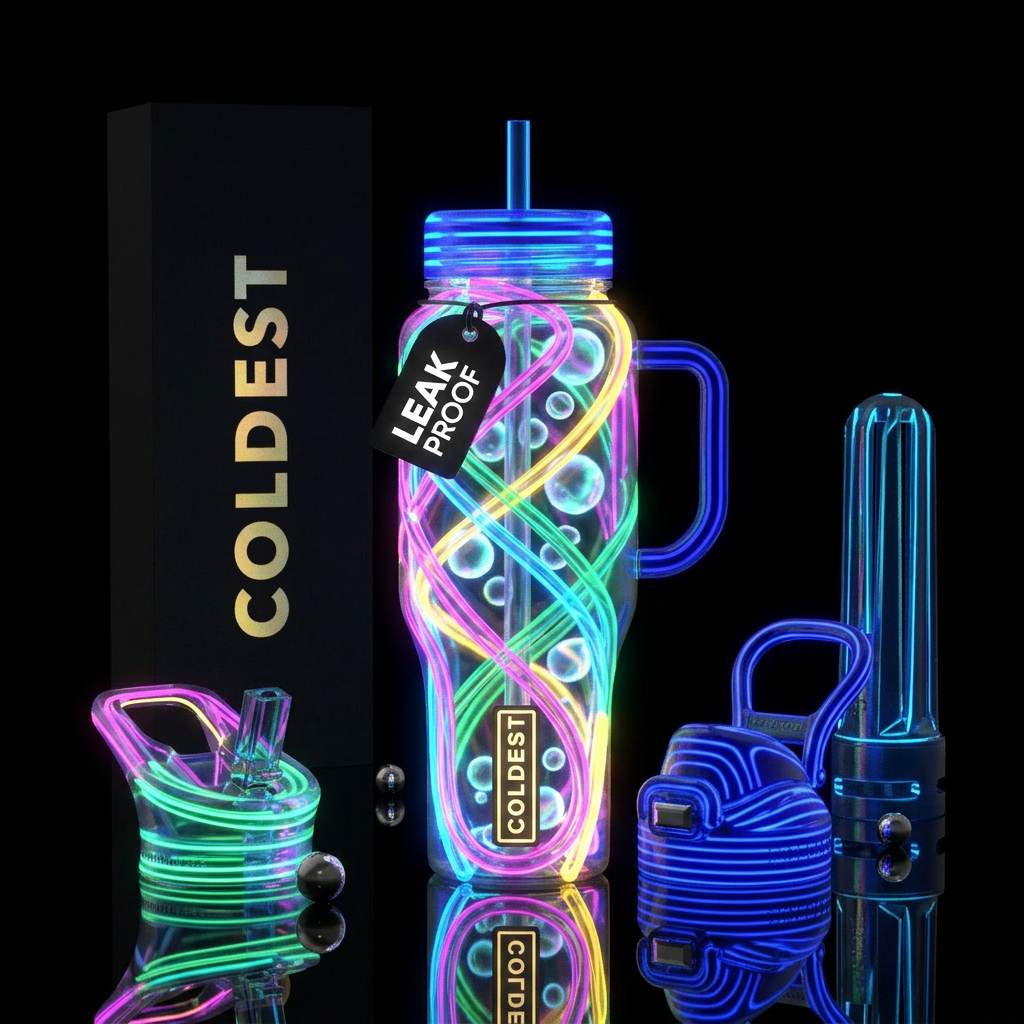 Tubular, bright colors, neon, laser, light,, bubbl... water bottle design