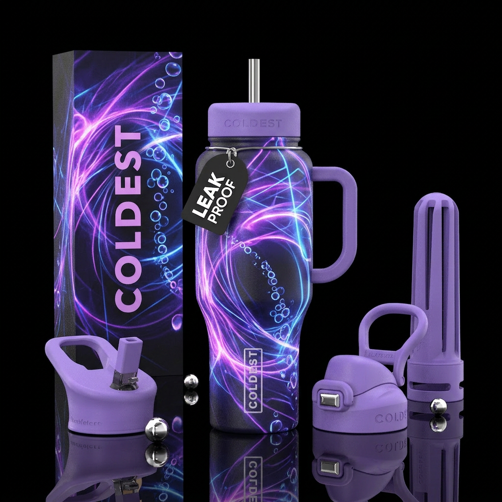 , bright colors, neon, laser, light, bubbles,, edg... water bottle design
