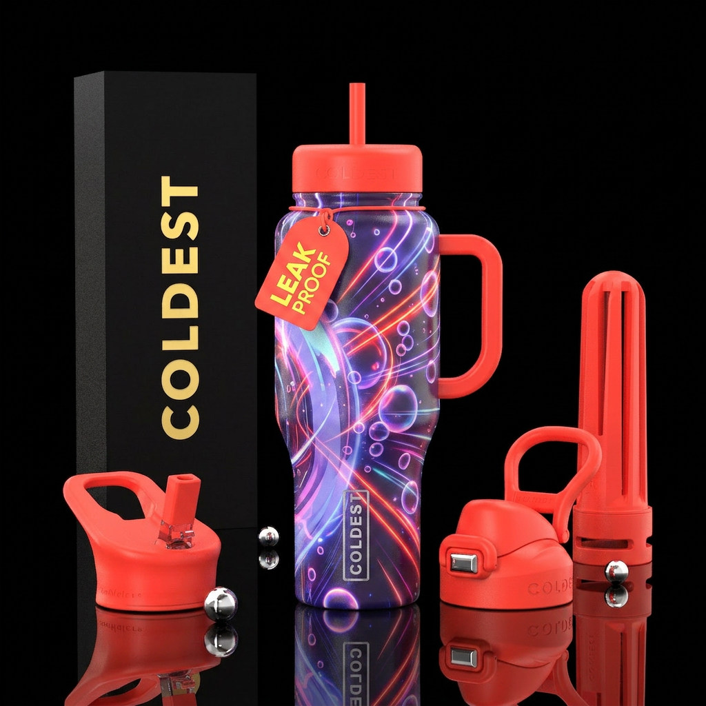 , bright colors, neon, laser, light, bubbles,, edg... water bottle design