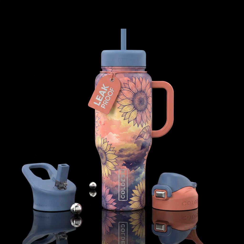 view from above, mixed color,, midsummer, opulent,... water bottle design