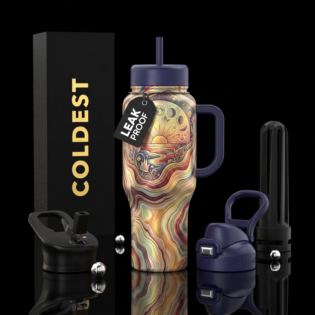 view from above, mixed color,, midsummer, opulent,... water bottle design