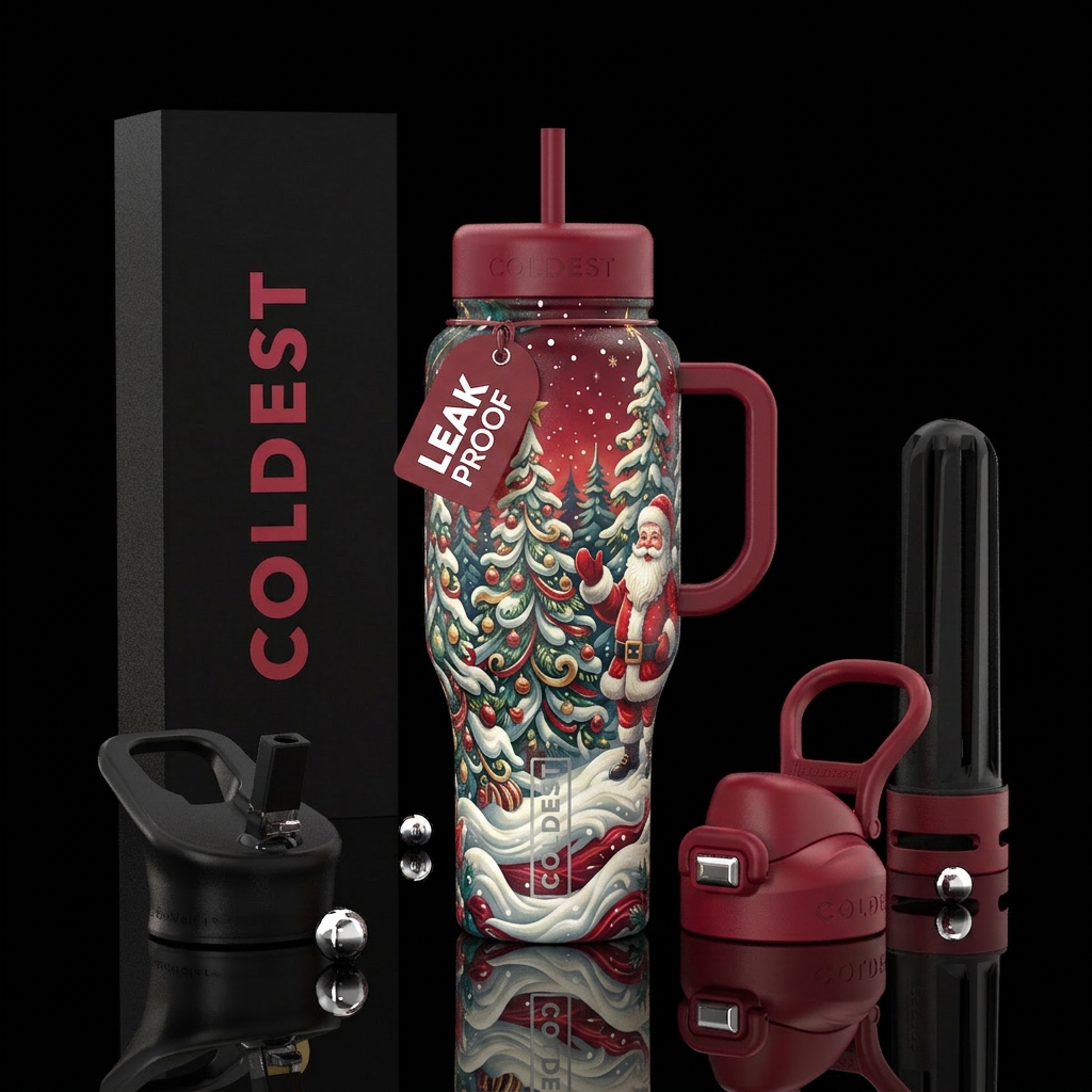 christmas, trees, whipped cream snow, snowy, Santa... water bottle design