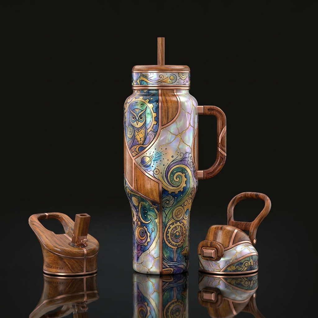 whimsical, funk, pearlescent, watercolor, hand dra... water bottle design