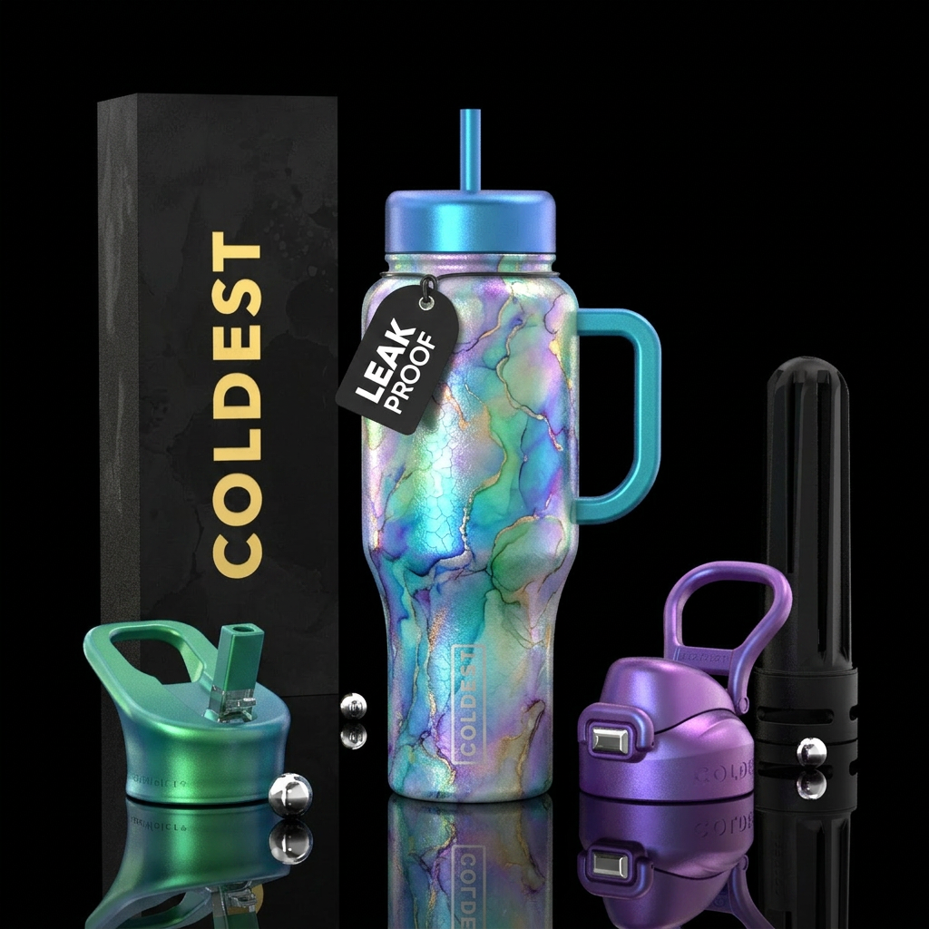 whimsical, funk, pearlescent, watercolor, hand dra... water bottle design