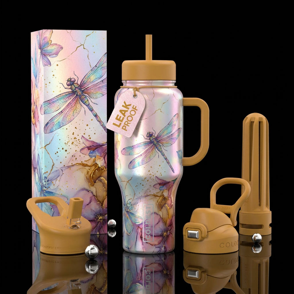 whimsical, funk, pearlescent, watercolor, hand dra... water bottle design