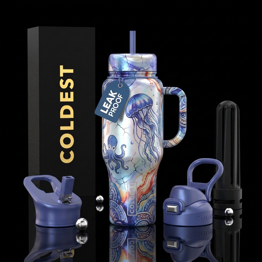 Ocean, Fluid, glossy, detailed, whimsical, funk, p... water bottle design