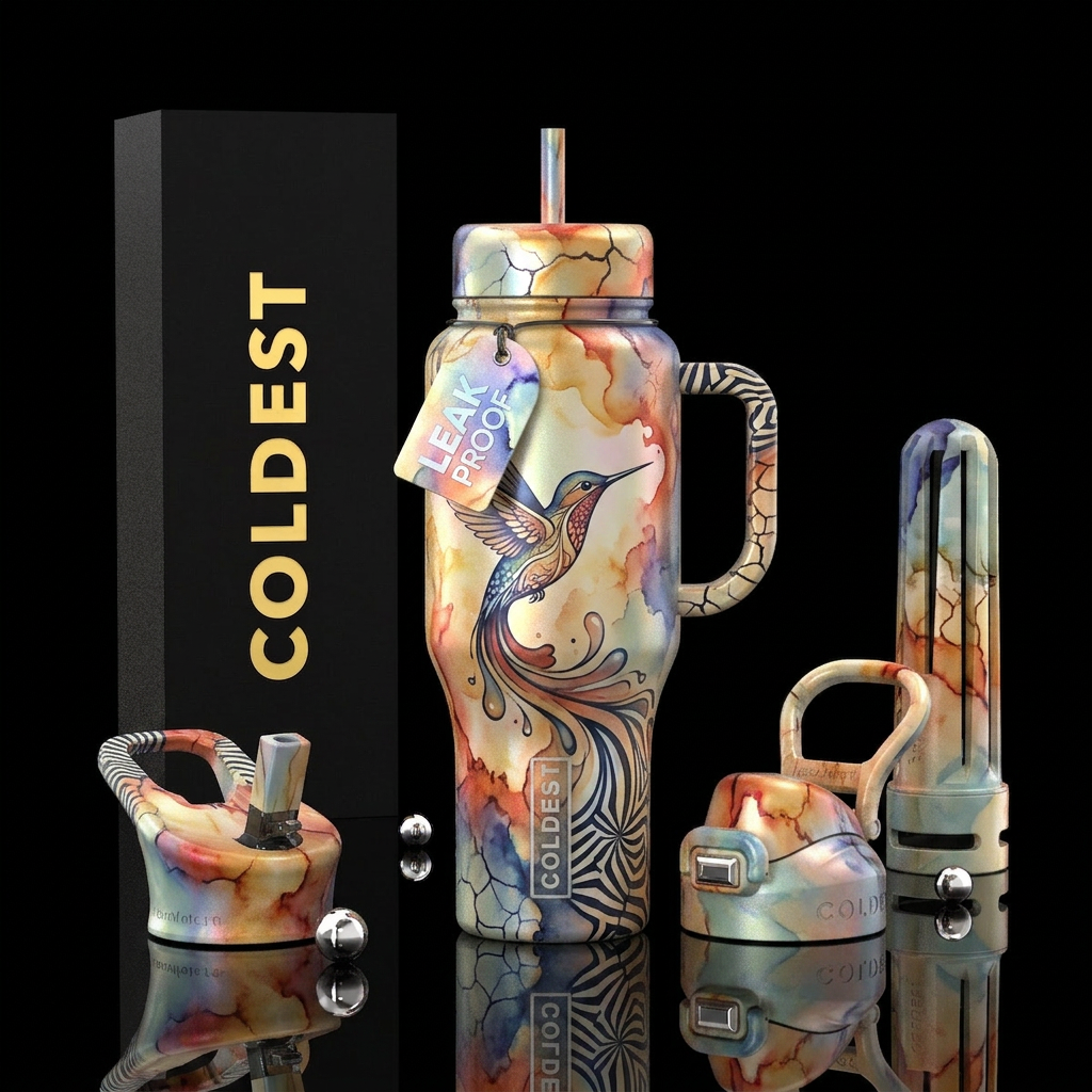 Hummingbird, Fluid, glossy, detailed, whimsical, f... water bottle design