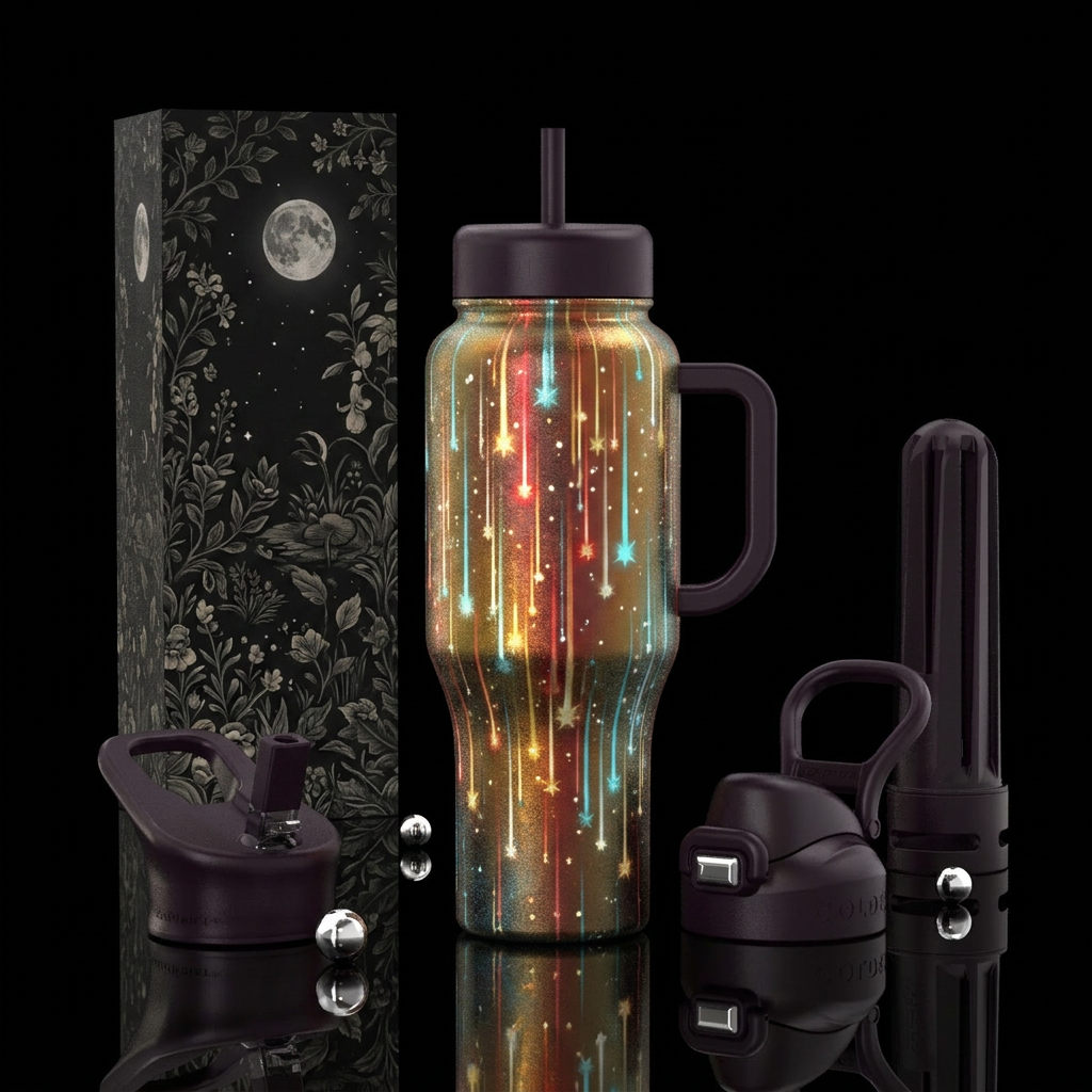 Bright falling stars, No words, aubergine, red, li... water bottle design