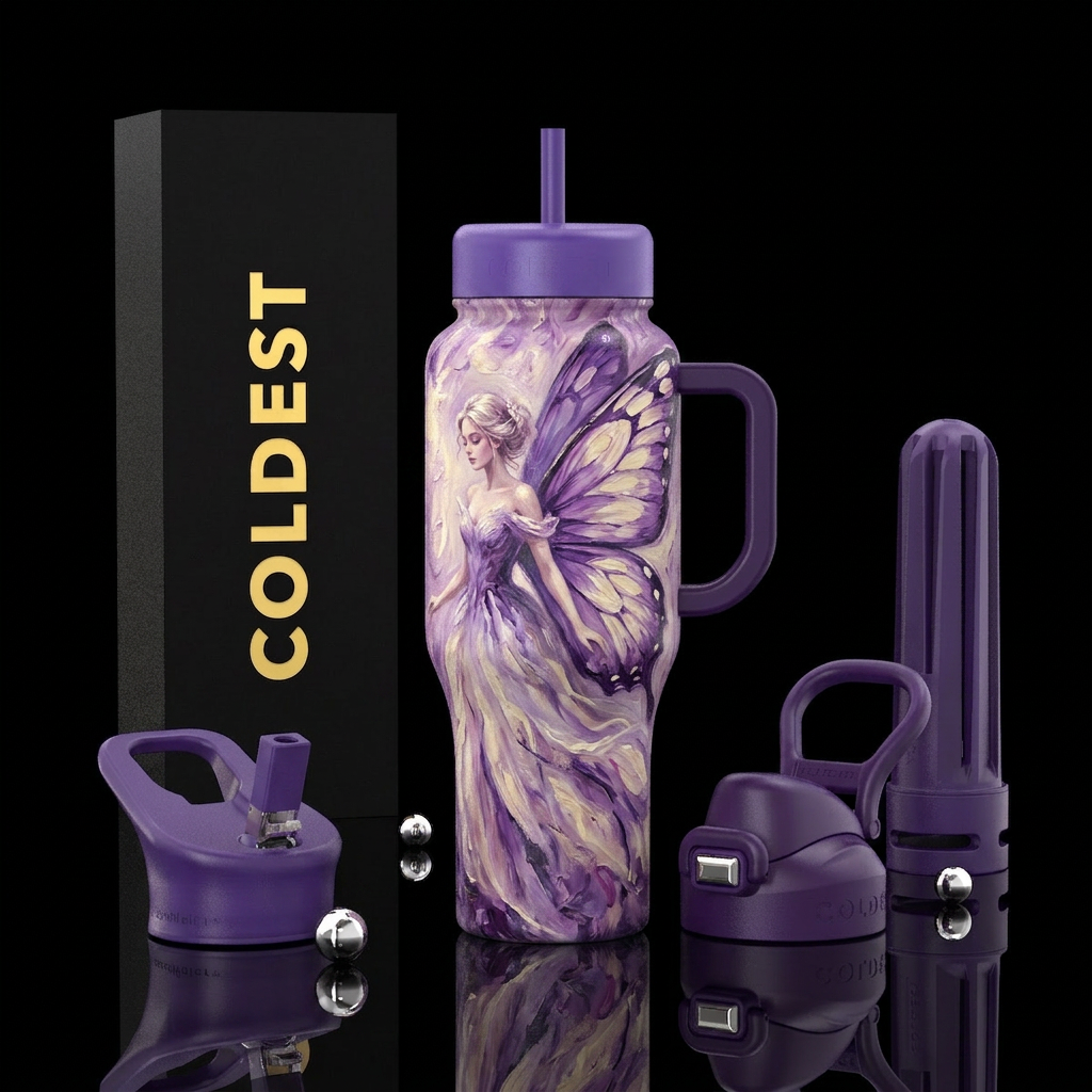Shades of purple and cream, fantasy, female with l... water bottle design