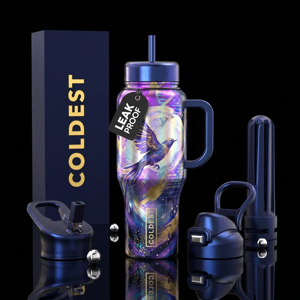 Mysterious bird flying through the sky, abstract, ... water bottle design