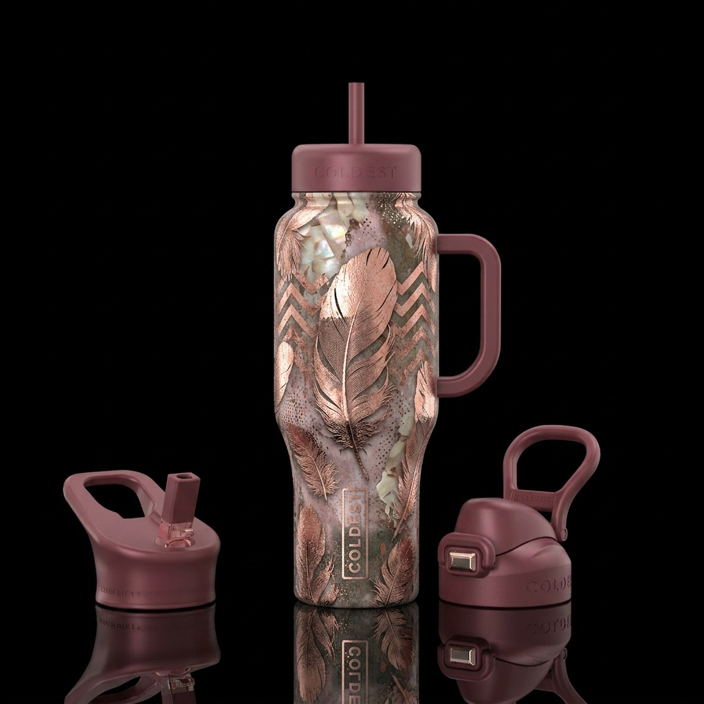Feathers dipped in rose gold, edgy, rose gold, abs... water bottle design