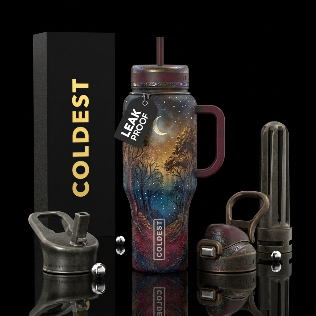 Night skies, forest, dark trees, moonlight, gradie... water bottle design
