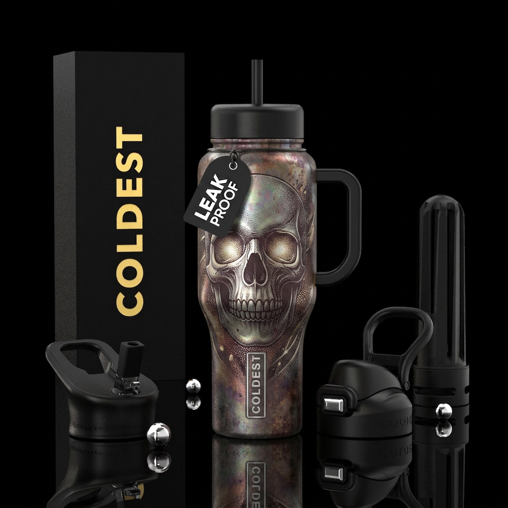 Skull with light emitting from sockets, surreal, N... water bottle design