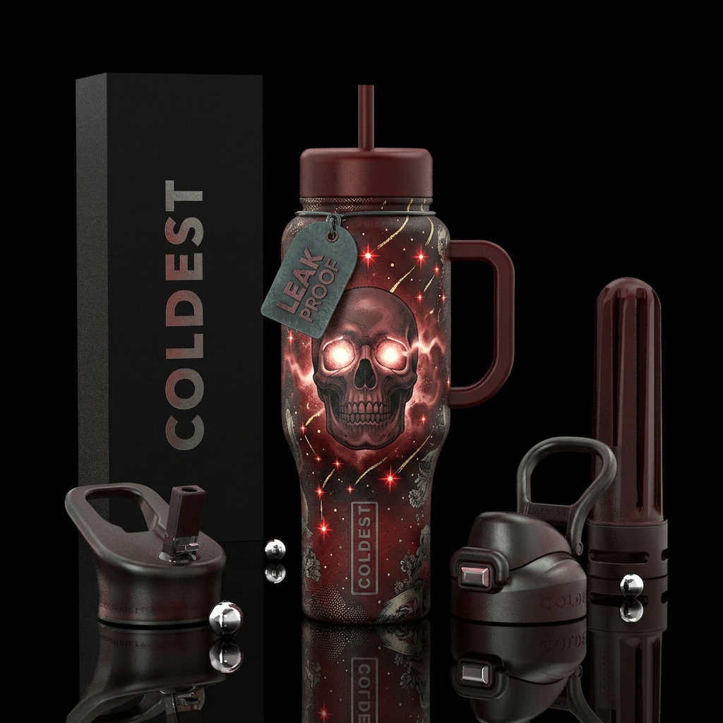 Deep burnished red, red stars with gold streaks, S... water bottle design