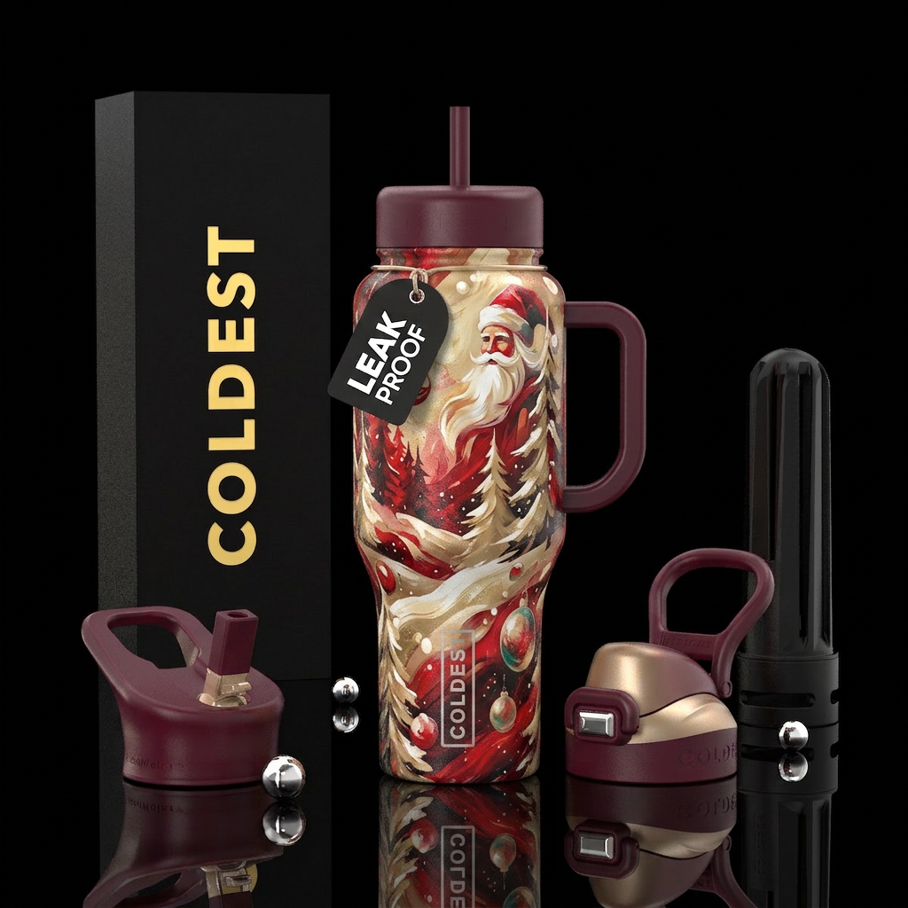 lo-fi, trees, Santa, snow, ornaments, provocative,... water bottle design