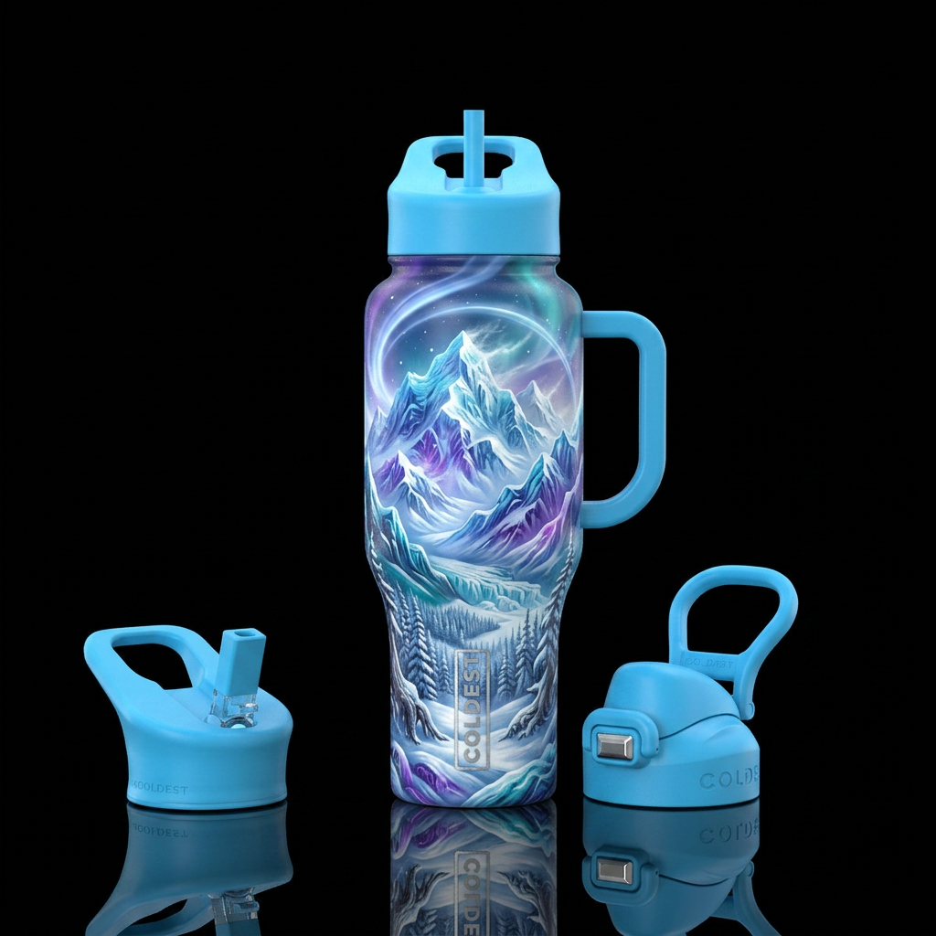 Realism, Mountains, icy cold, blowing snow, above ... water bottle design
