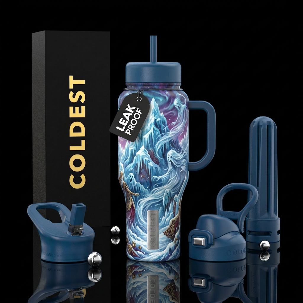 Realism, haunted, ghostly figures, eerie, Mountain... water bottle design