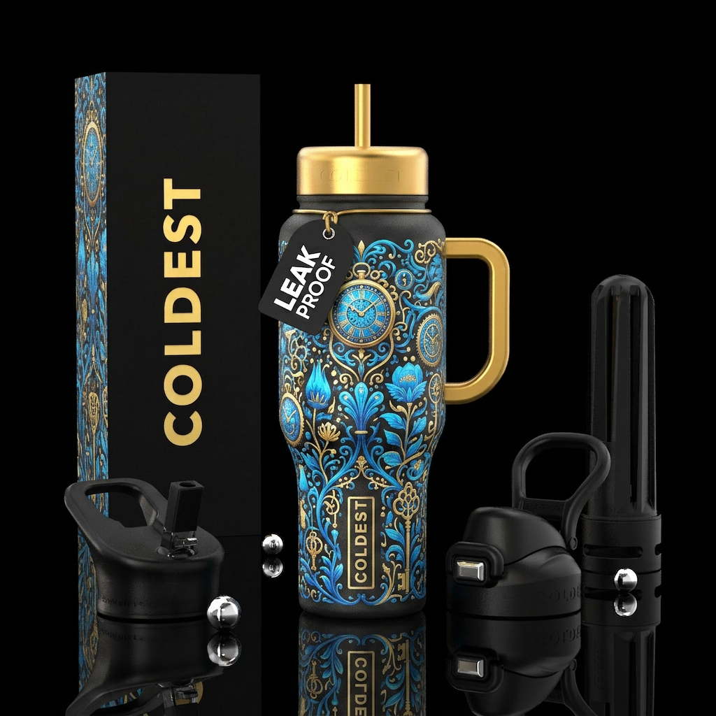 Bright blue and gold, enchanted, wonderland, retro... water bottle design