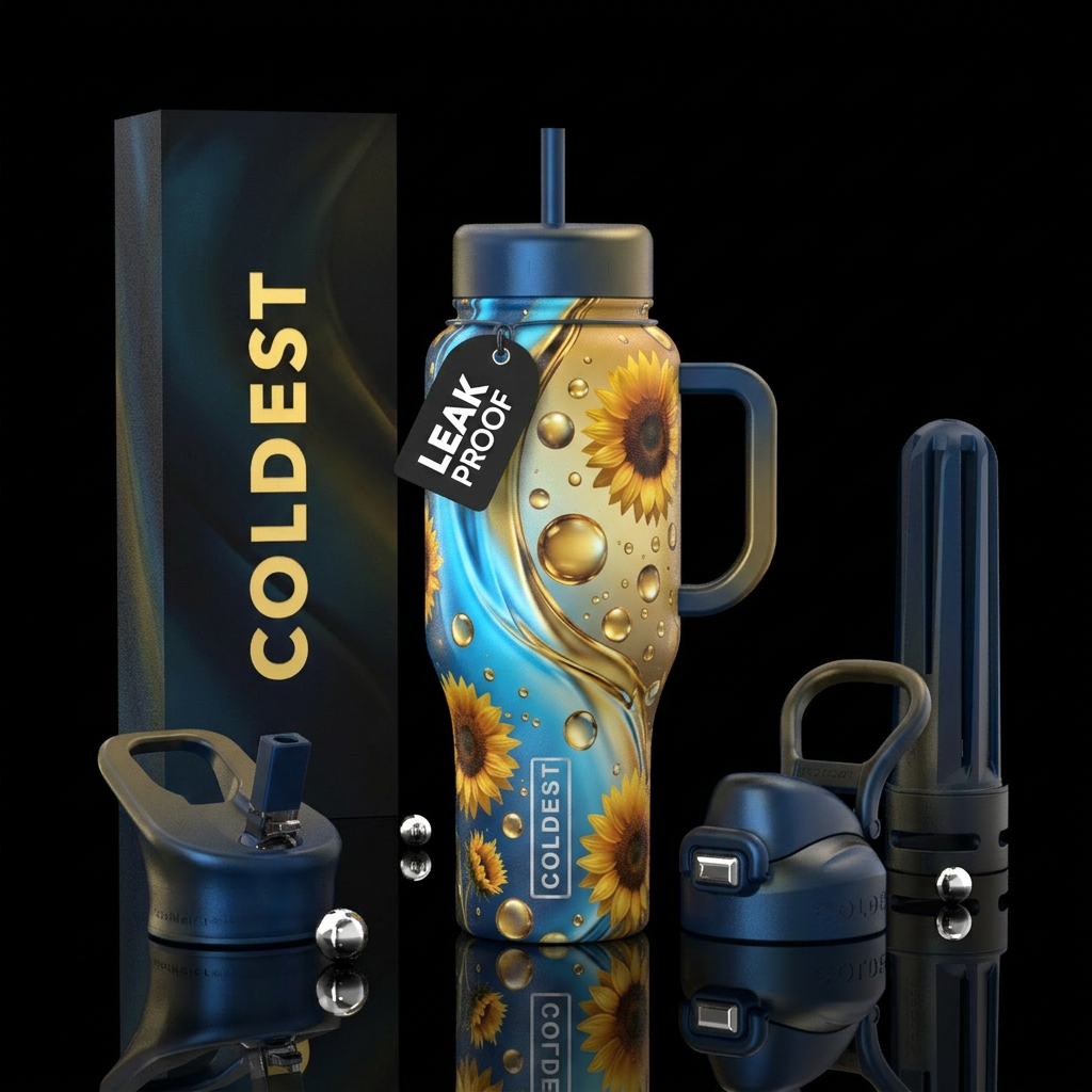 Realism, Orbs, liquid, Bright blue and gold, encha... water bottle design