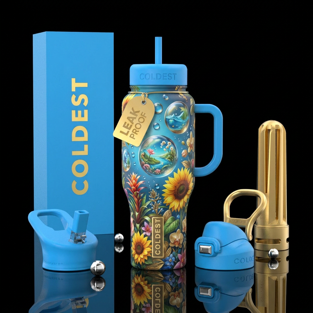 Realism, Orbs, liquid, Bright blue and gold, encha... water bottle design