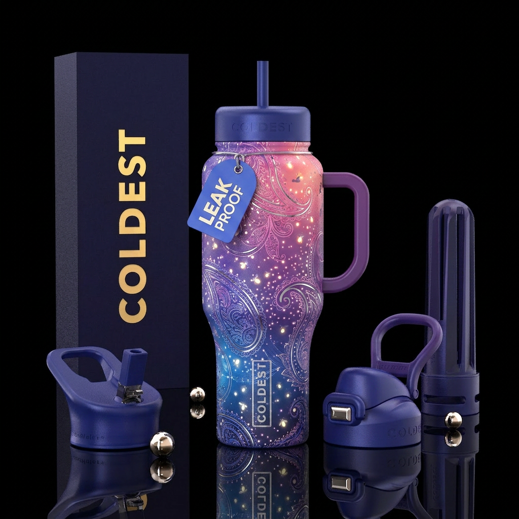 Paisley, fire flies, purple, blue, pink,, interfac... water bottle design
