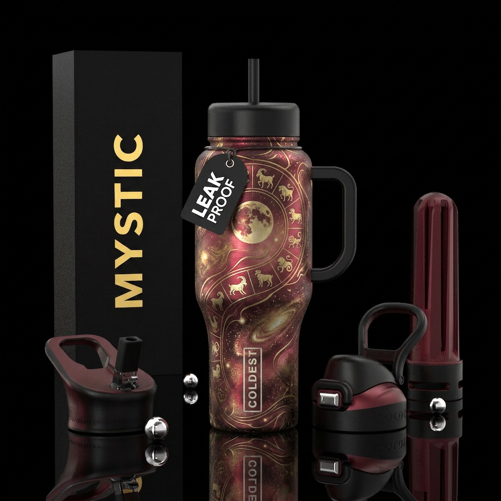 Flowing, Mystic, Full moon, all 12 zodiac animals,... water bottle design
