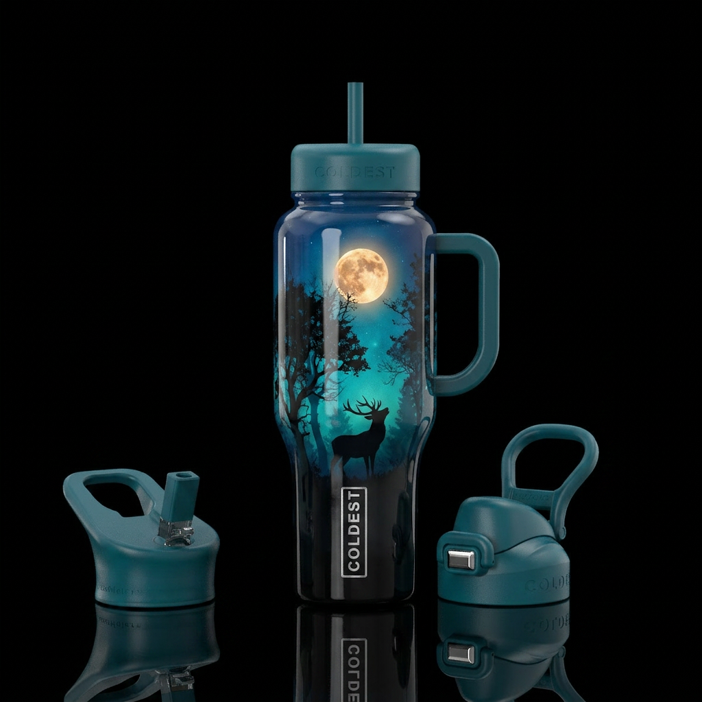 Twilight forest, black, blue, teal, trees, shadow ... water bottle design