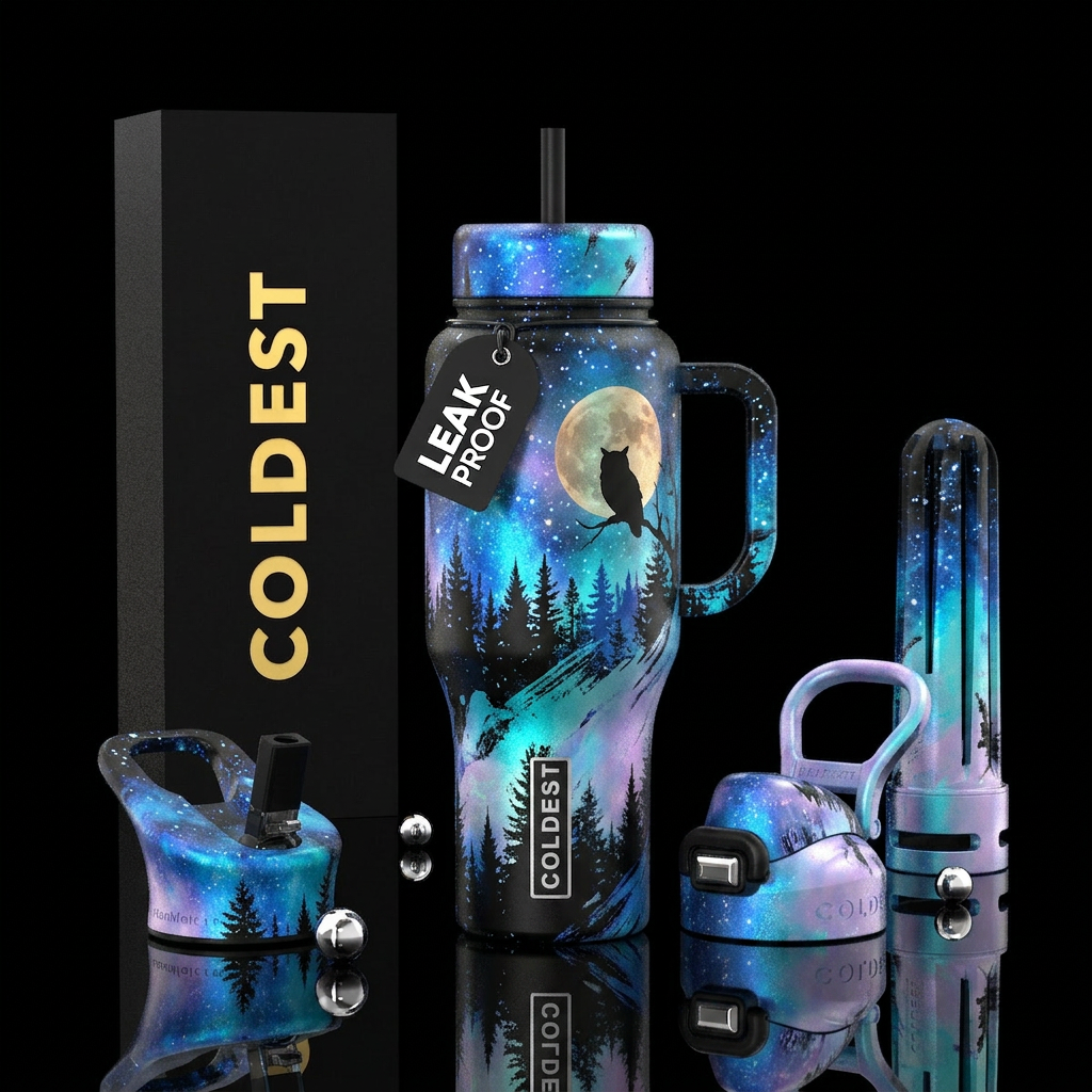 Twilight forest, black, blue, teal, trees, shadow ... water bottle design
