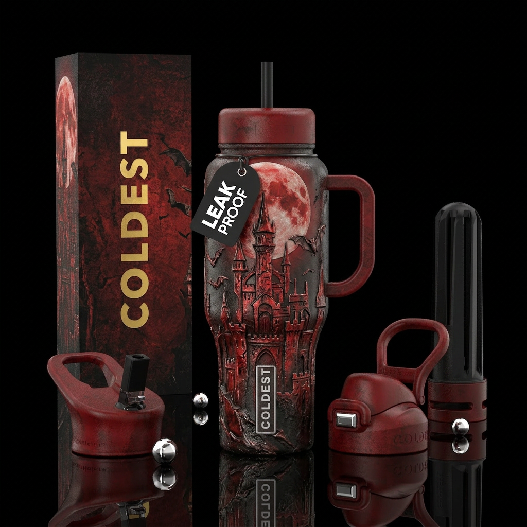 Shaded, shiny in parts, matte in others, red moon,... water bottle design