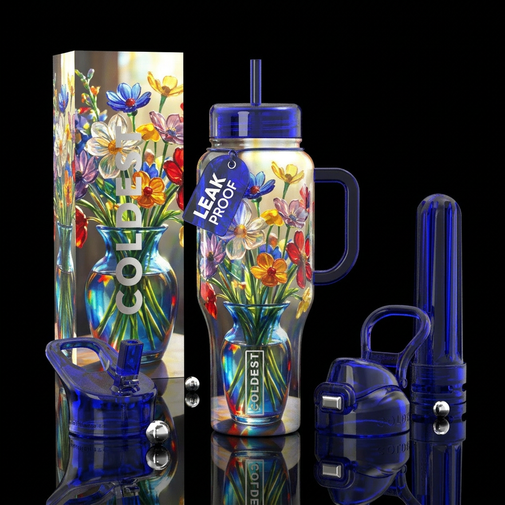 Glass flowers of all colors in a big colorful glas... water bottle design