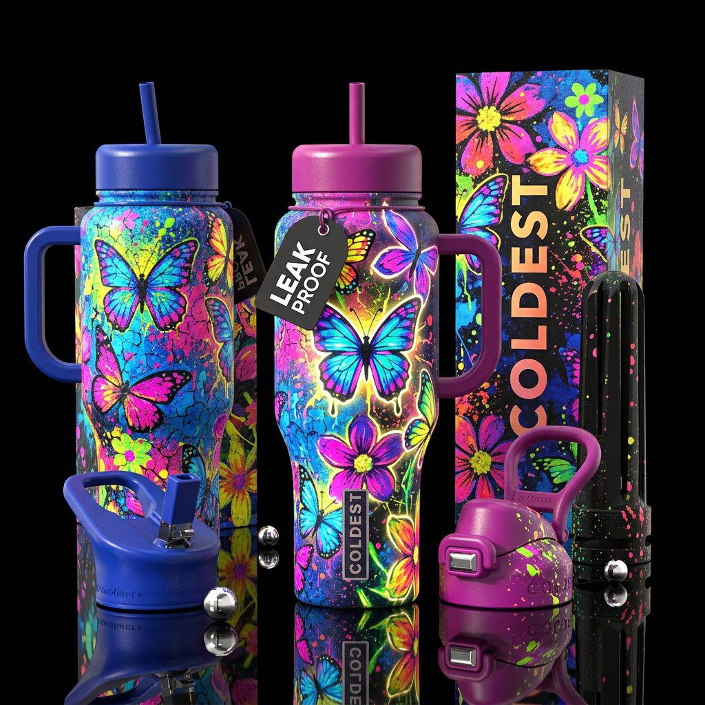 Show two bottles, one regular, other glowing, neon... water bottle design