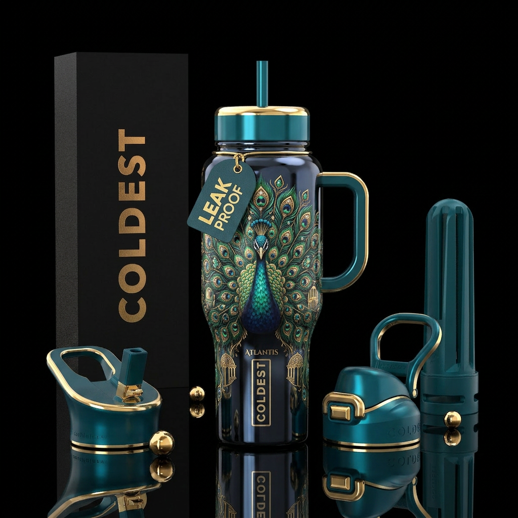 Peacock facing out, jeweled colorful feathers fann... water bottle design