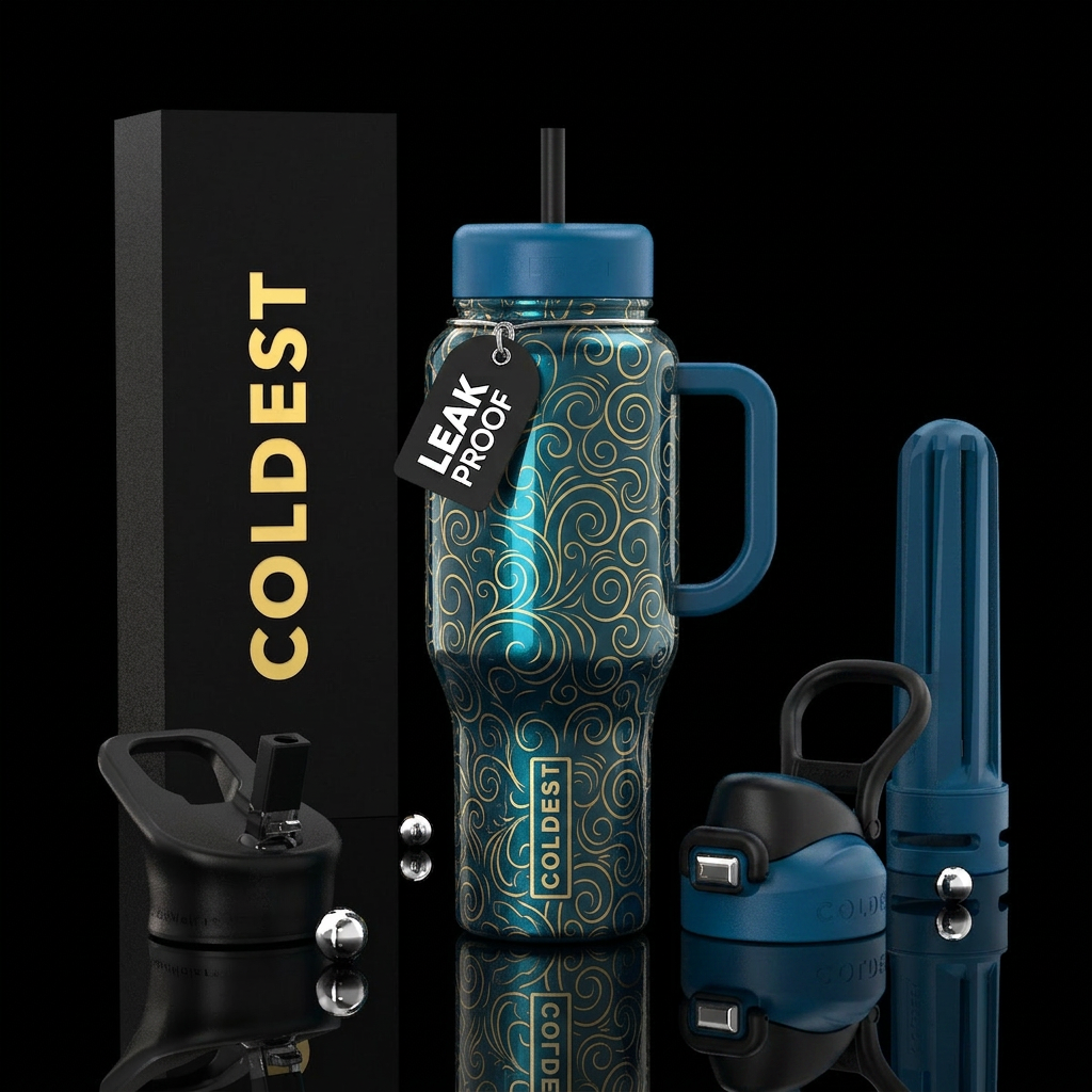Dark shiny Peacock blue bottle, gold swirls going ... water bottle design