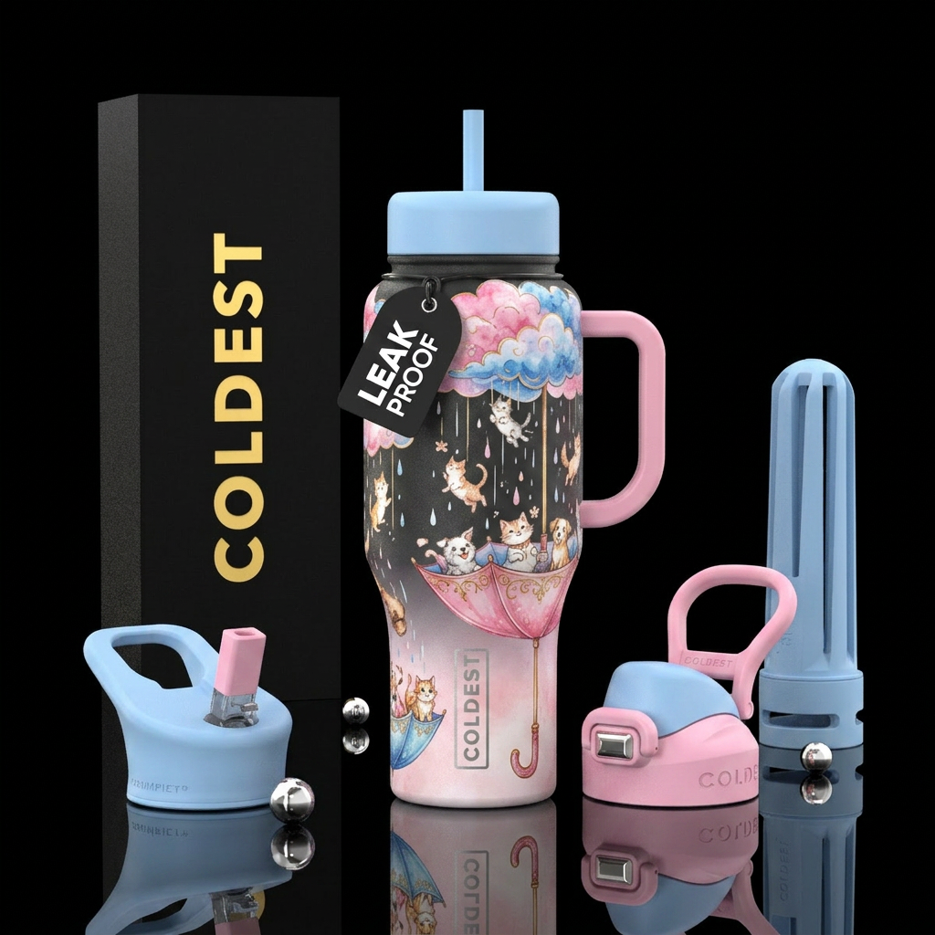 Turn Pink umbrella upright and open facing up, sit... water bottle design