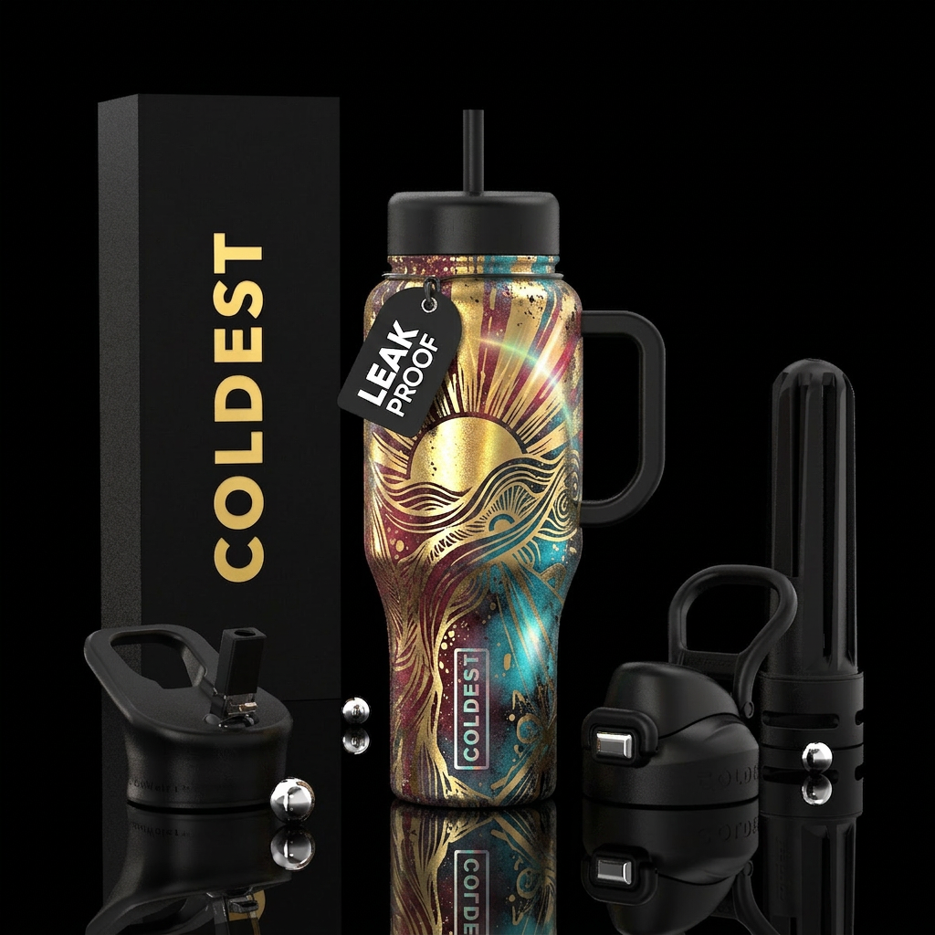High shine, golden, sunny, flowing, mindful, bohem... water bottle design