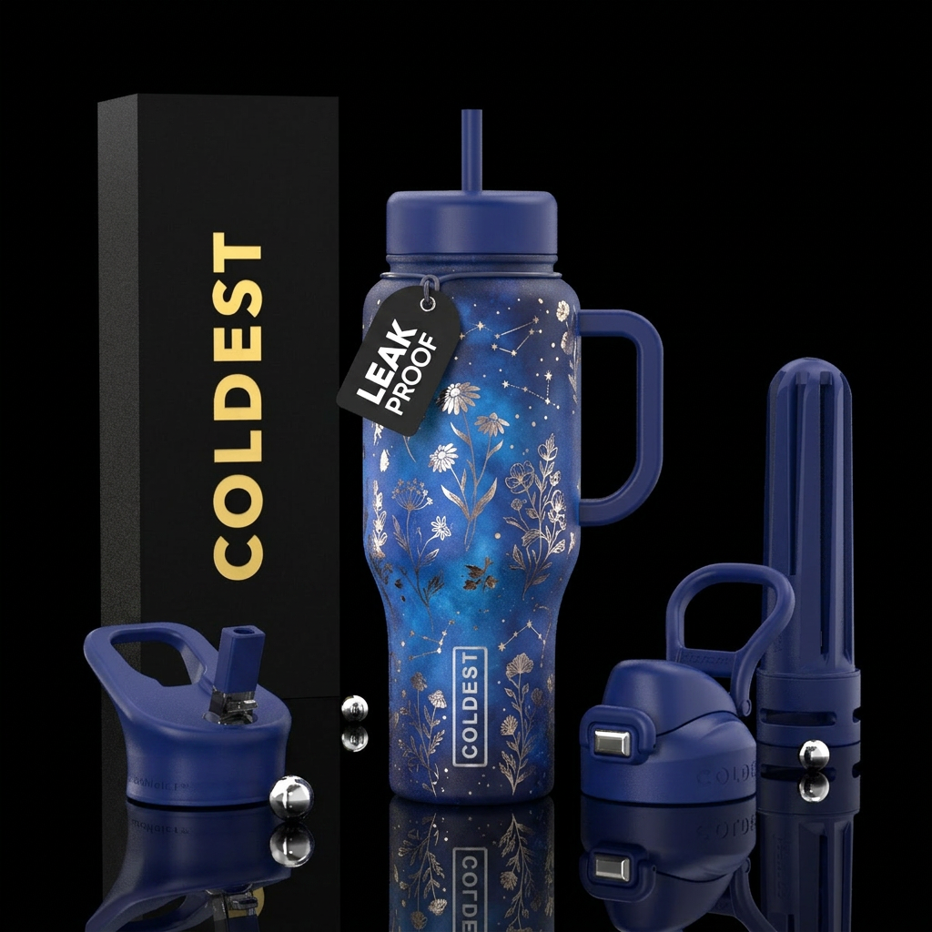 Blueberry blue, Wild flowers, nostalgic, cosmos, w... water bottle design