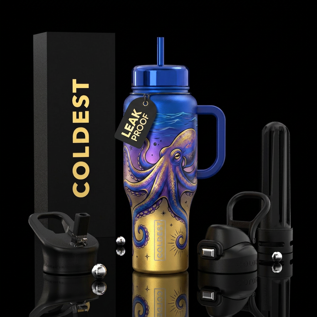 Realism, high detail, Ocean, Bold colors on octopu... water bottle design
