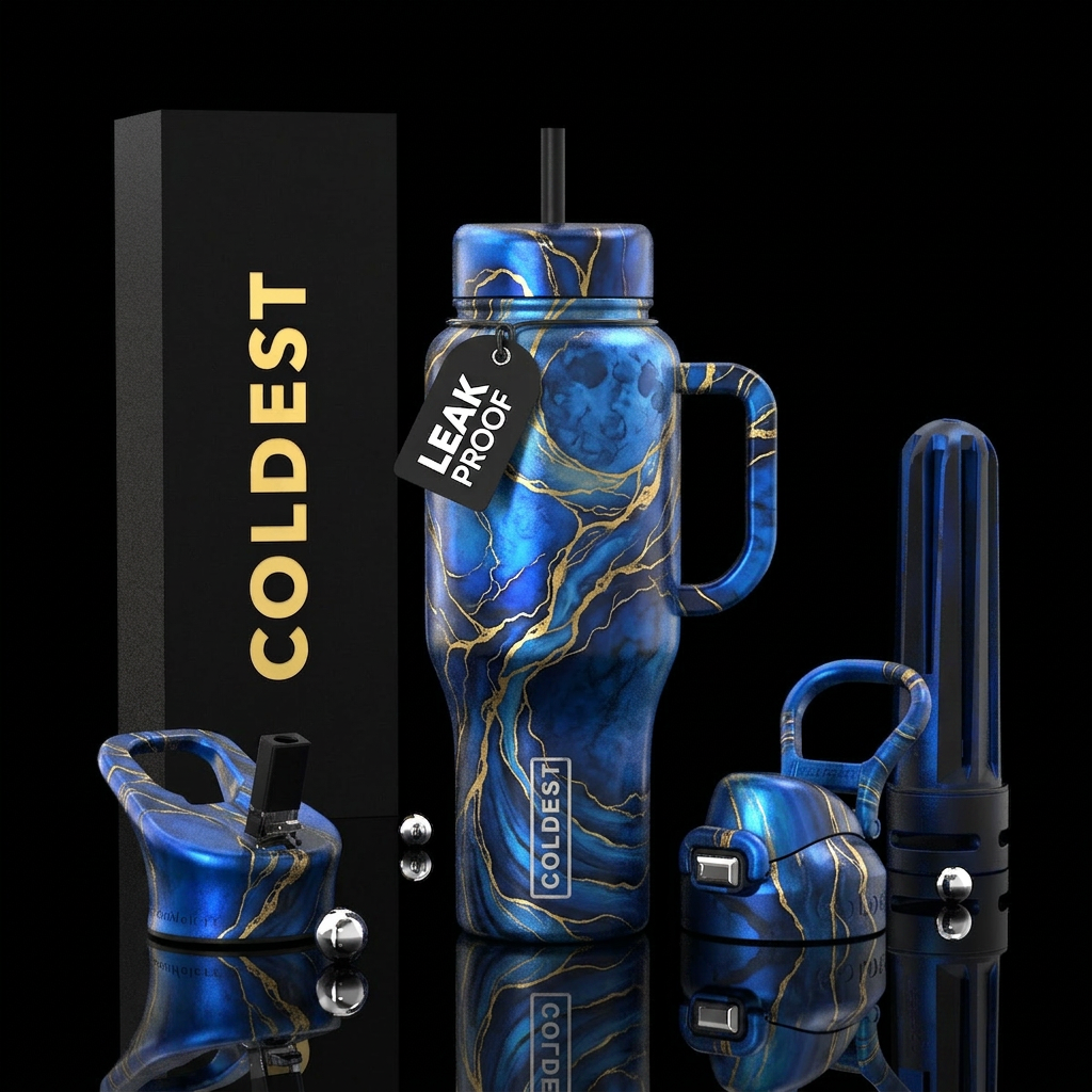 Luna, veins of hold and blue, Realism, high detail... water bottle design