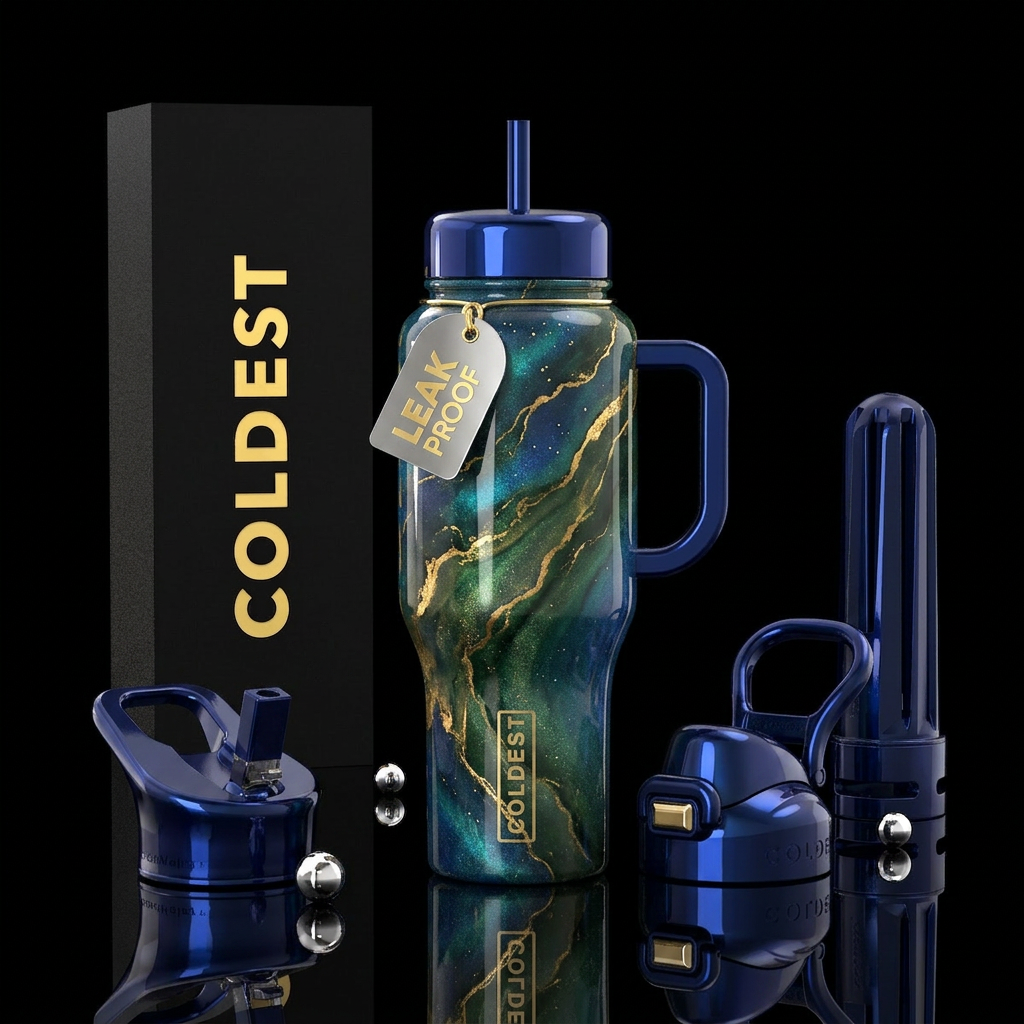 Luna, veins of gold and forest green, Realism, hig... water bottle design