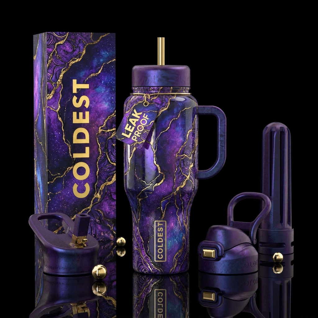 Luna, veins of gold and purple, Realism, high deta... water bottle design