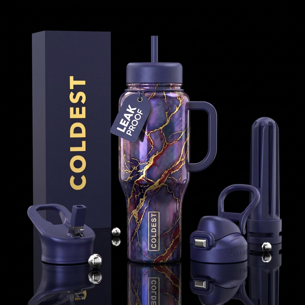 Luna, veins of gold and deep red and purple, Reali... water bottle design