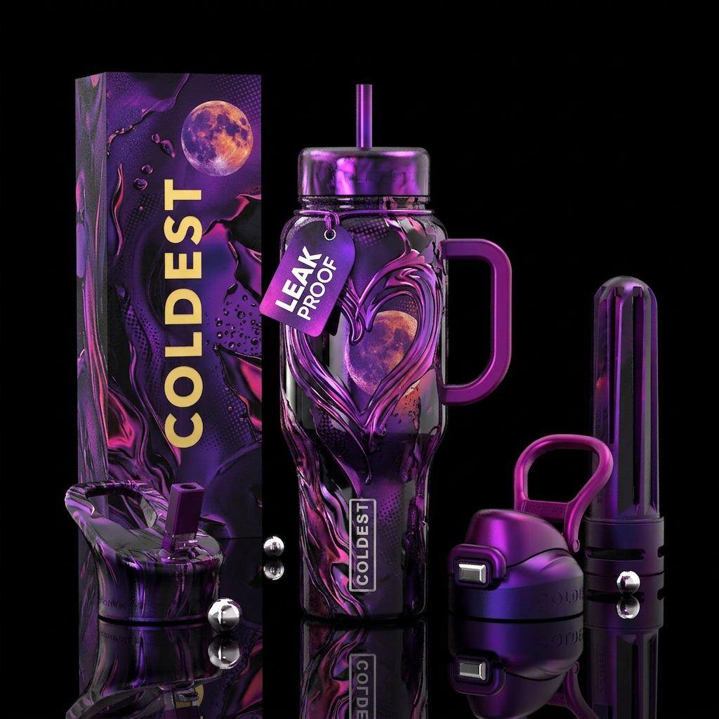 magenta, form a heart drawn by hand, purple, black... water bottle design