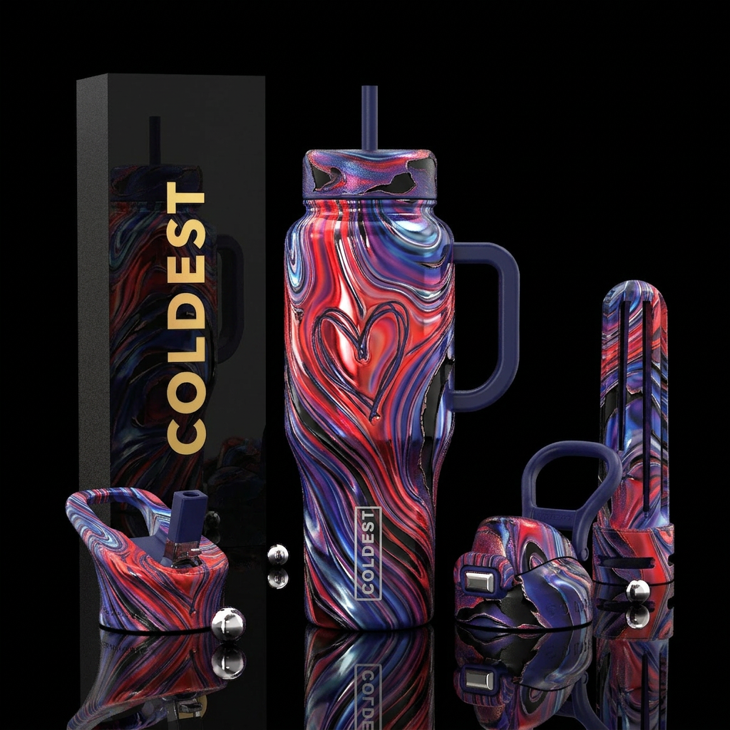 Red, blue, form a heart drawn by hand, purple, bla... water bottle design