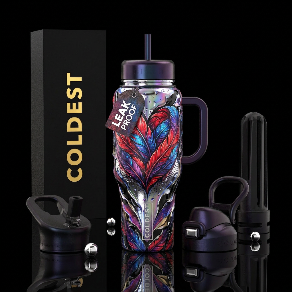 Feathers, Red, blue, form a heart drawn by hand, p... water bottle design