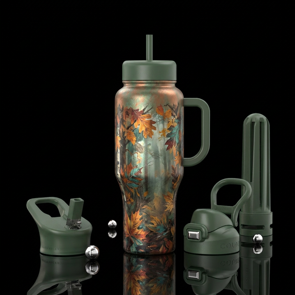 Leaves, dark green trees, fall, oxidized, muted, p... water bottle design