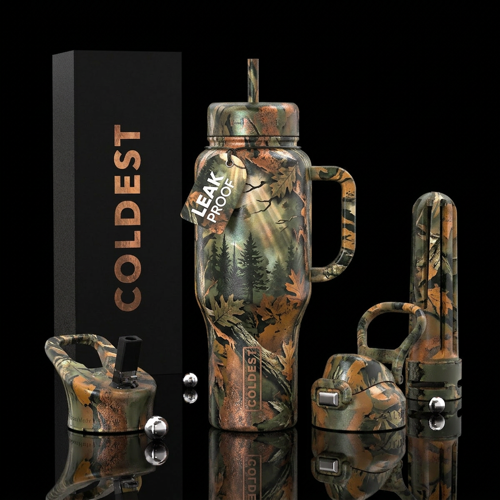 Leaves, dark green trees, fall, oxidized, muted, p... water bottle design