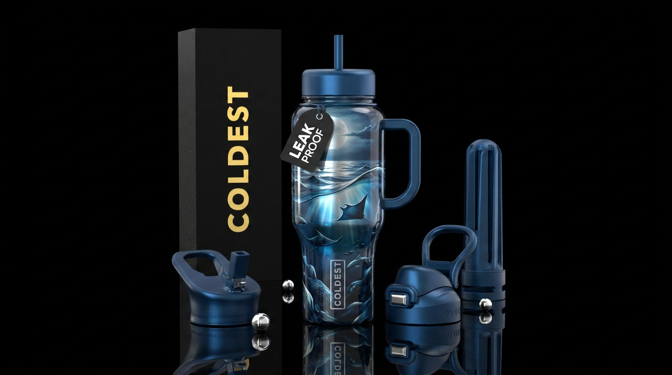 Moon beams on quiet ocean, reflective,, trance, dr... water bottle design