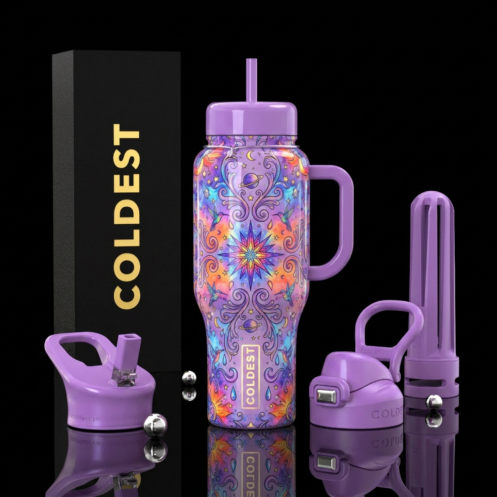 playful, glossy, humble, rococo, hand drawn, neon,... water bottle design