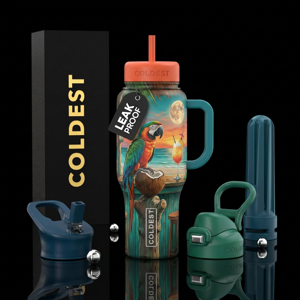 Realism, cabana bar, parrot on a perch, macaw, det... water bottle design